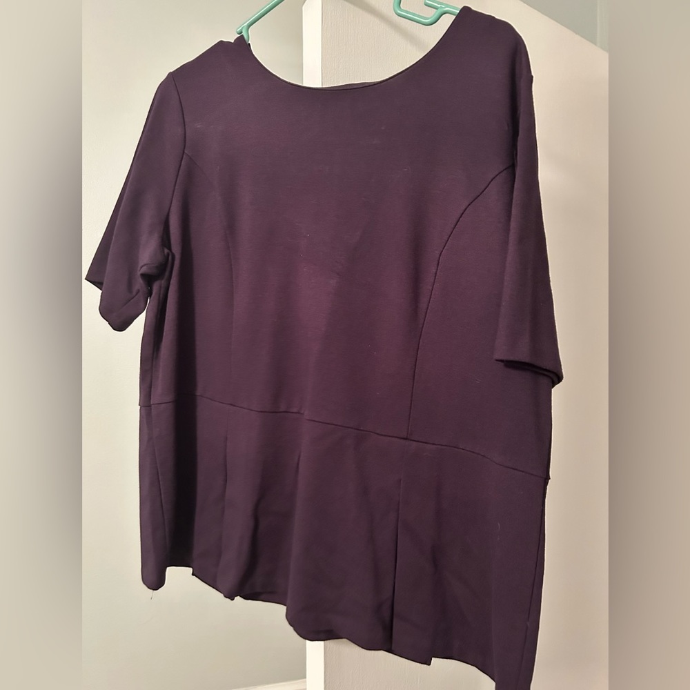 Eggplant knit short sleeved Talbots shirt with gold zipper detail on back